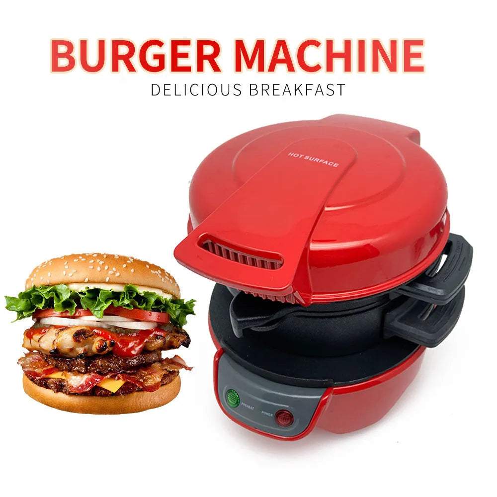 Bright red breakfast sandwich maker with egg cooker ring and two non-stick baking trays