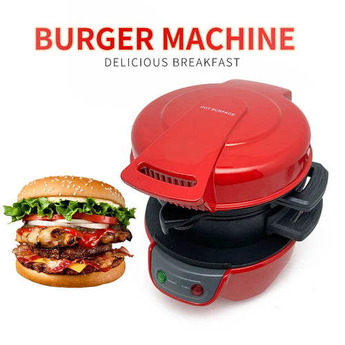 Bright red breakfast sandwich maker with egg cooker ring and two non-stick baking trays