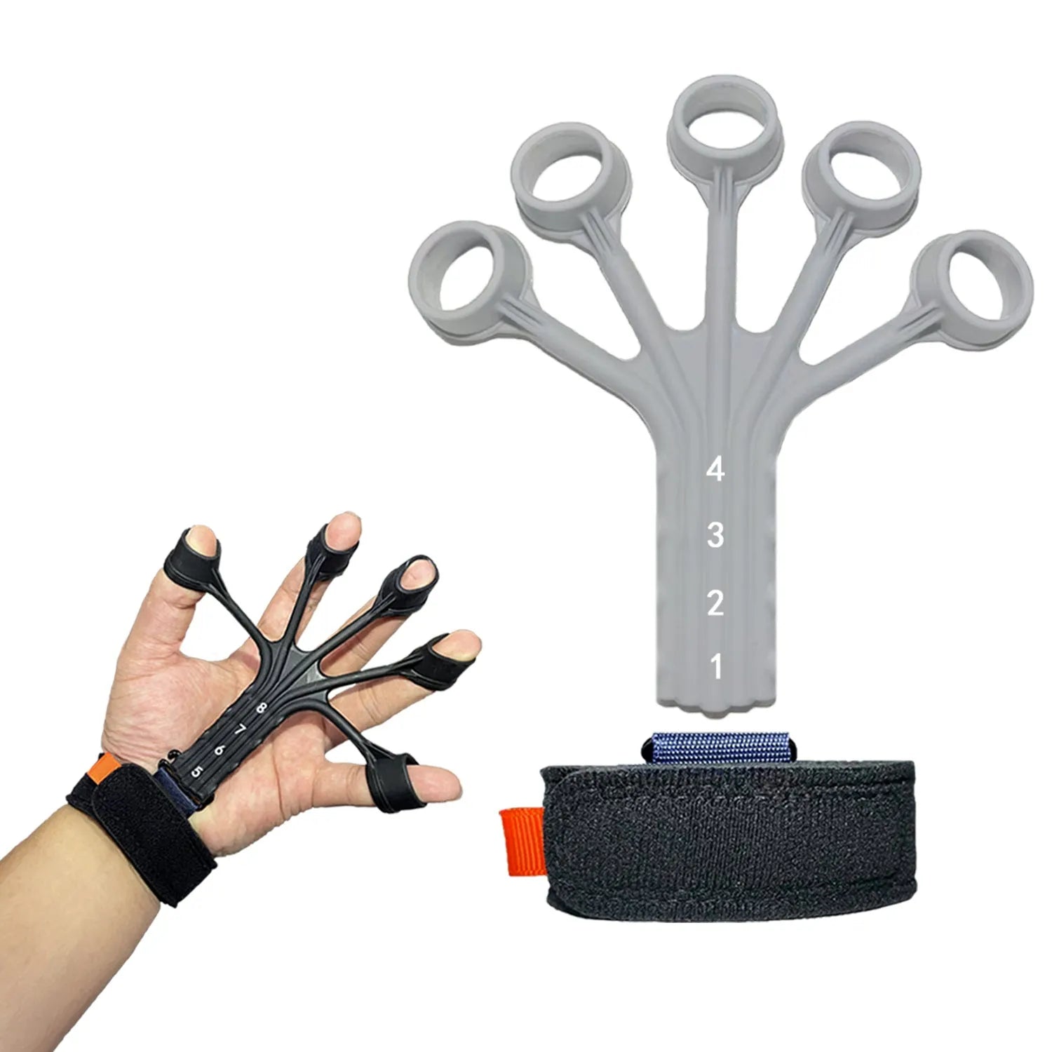Black and grey silicone finger rehabilitation trainer with adjustable tension belts