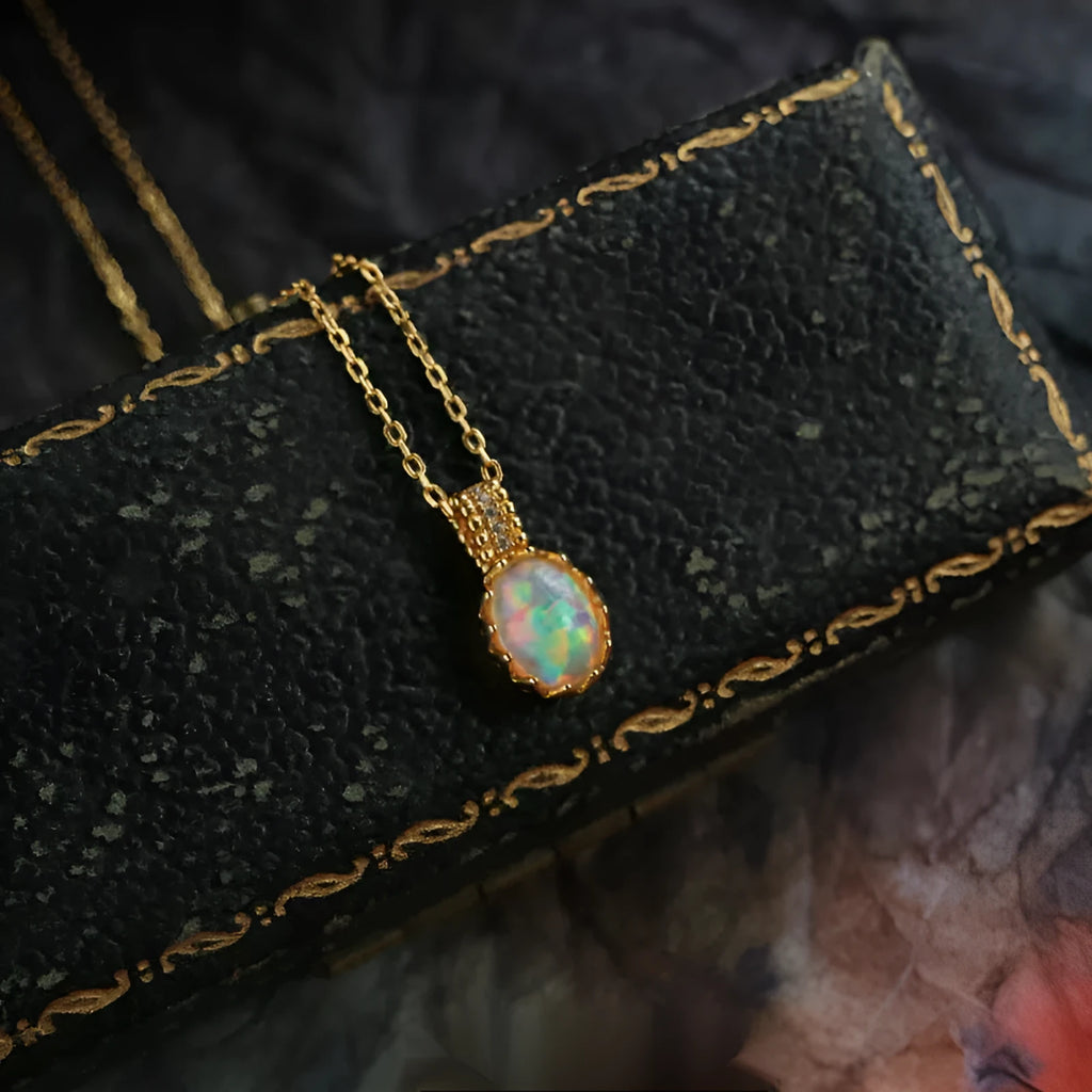 Geometric round copper pendant necklace with opal element for women
