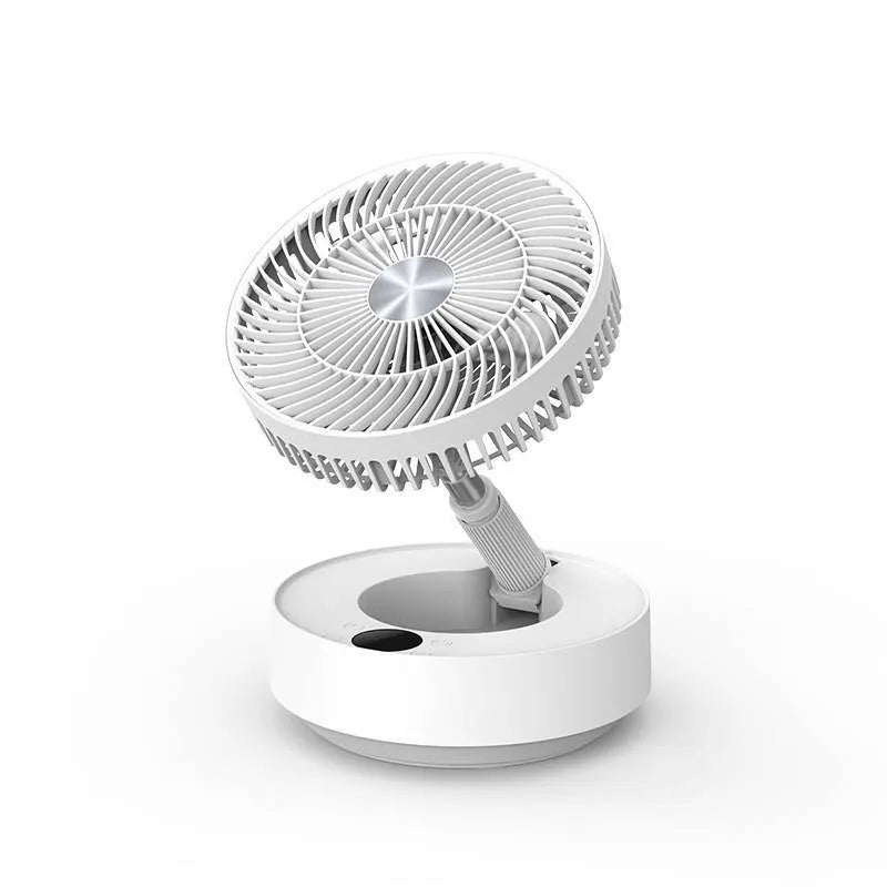 Green telescopic storage floor electric fan showing desktop and extended floor-standing configurations with remote control