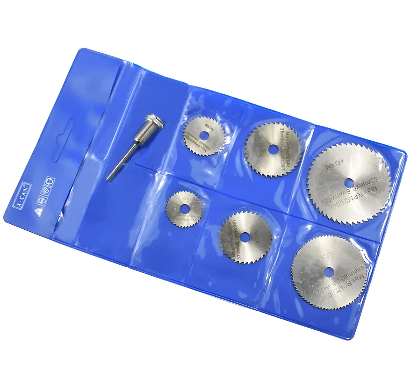 Set of 6 high-speed steel circular saw blades ranging 10-25mm with mandrel for woodworking