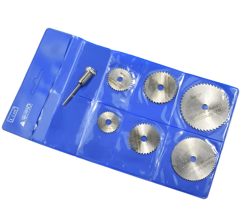 Set of 6 high-speed steel circular saw blades ranging 10-25mm with mandrel for woodworking