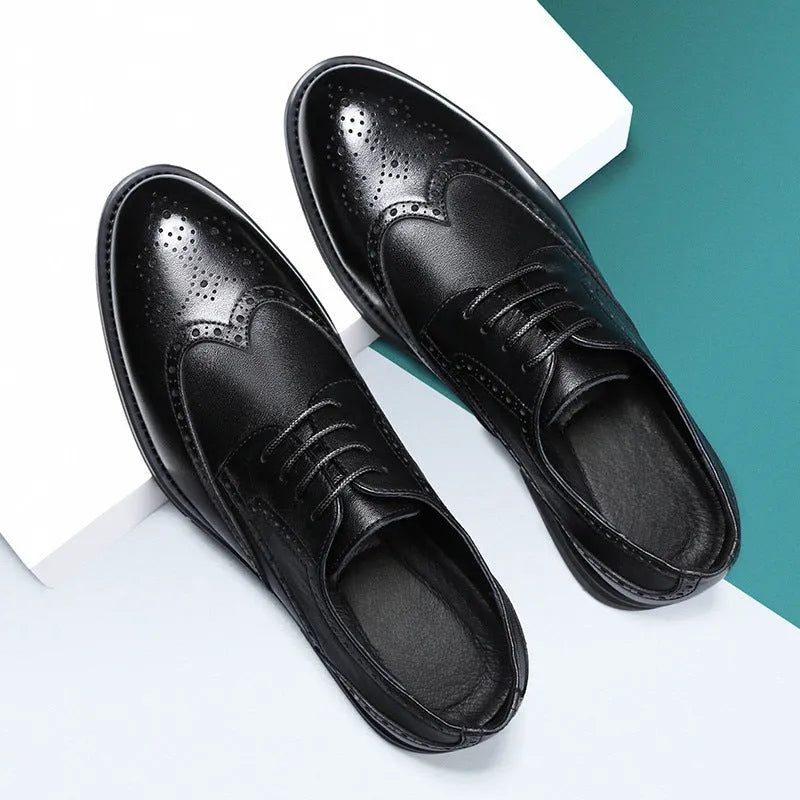 Men's black and brown brogue business shoes with classic perforated toe cap detailing