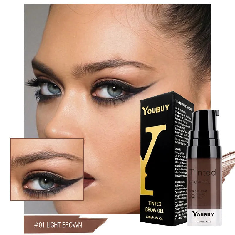 Eyebrow cream cosmetics in dark grey and golden yellow shades with waterproof quick-drying properties