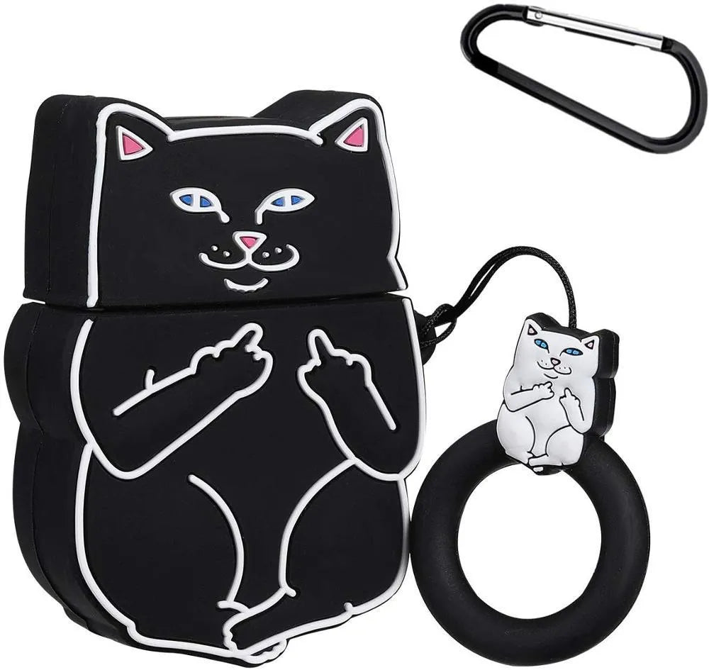 Silicone protective case for AirPods with cartoon animal designs including avocado and black cat styles
