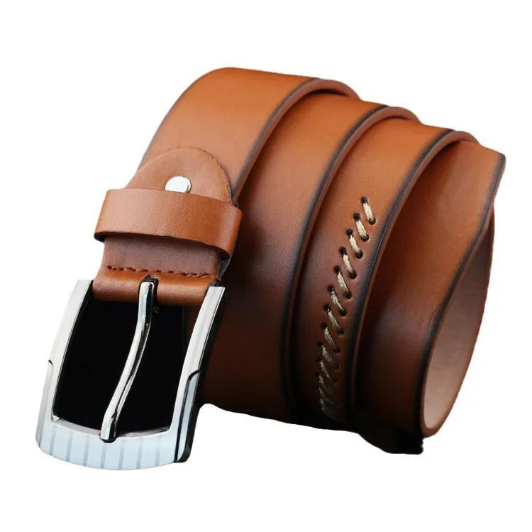 Men's brown retro pattern belt with a silver alloy pin buckle on a white background.