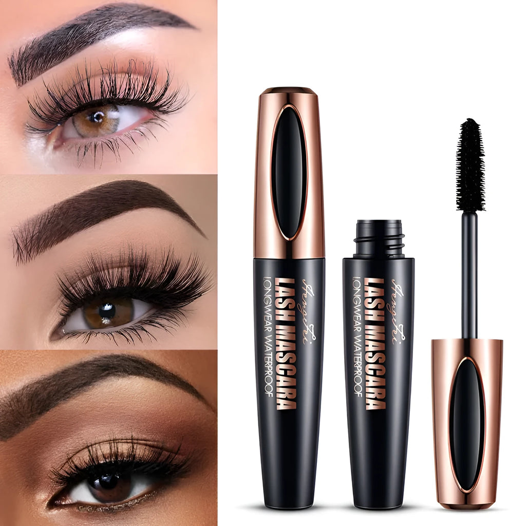 Black waterproof curling mascara with smudge-resistant formula in colour box packaging