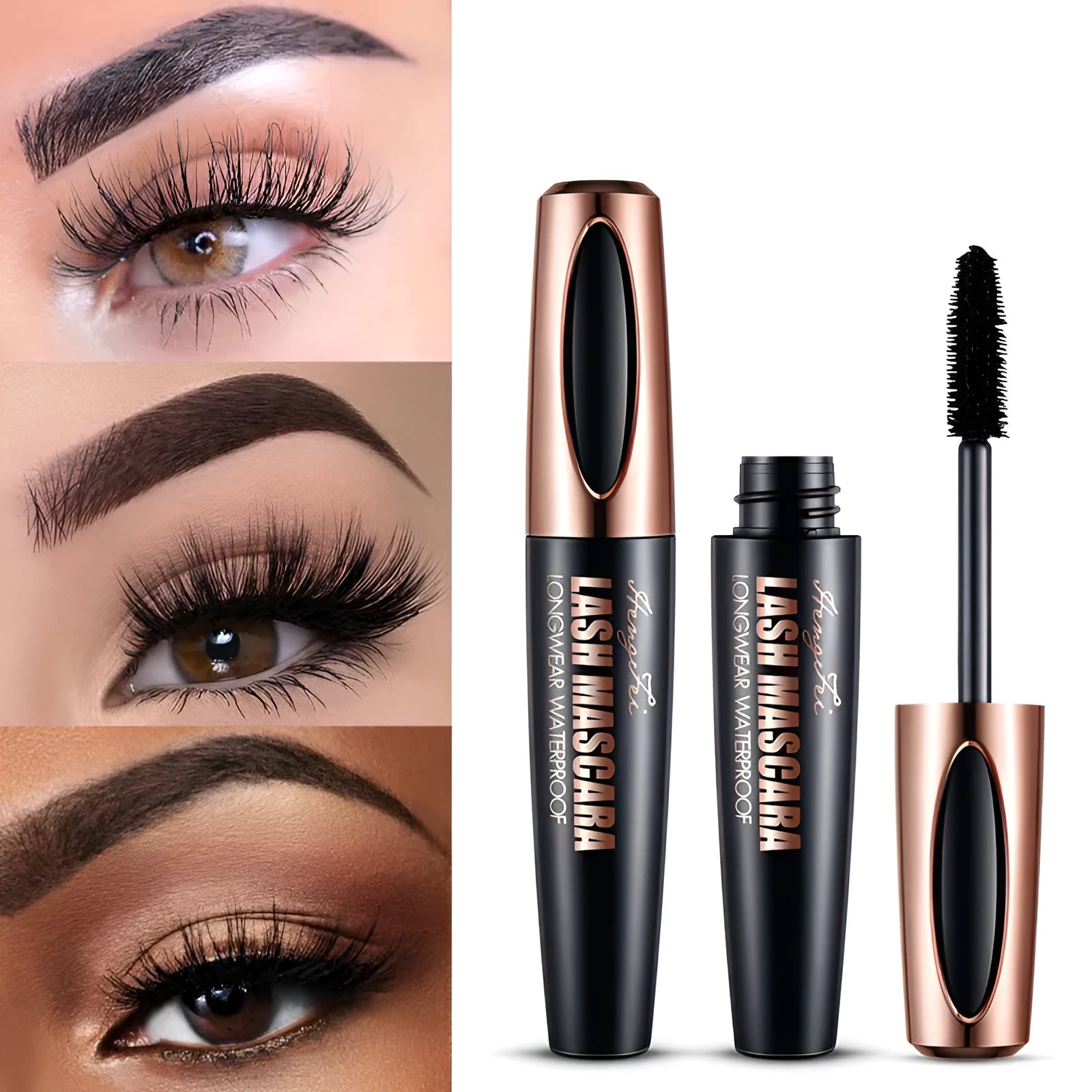 Black waterproof curling mascara with smudge-resistant formula in colour box packaging