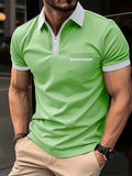 Men's loose fit casual short sleeve shirt with chest pocket and zipper decoration