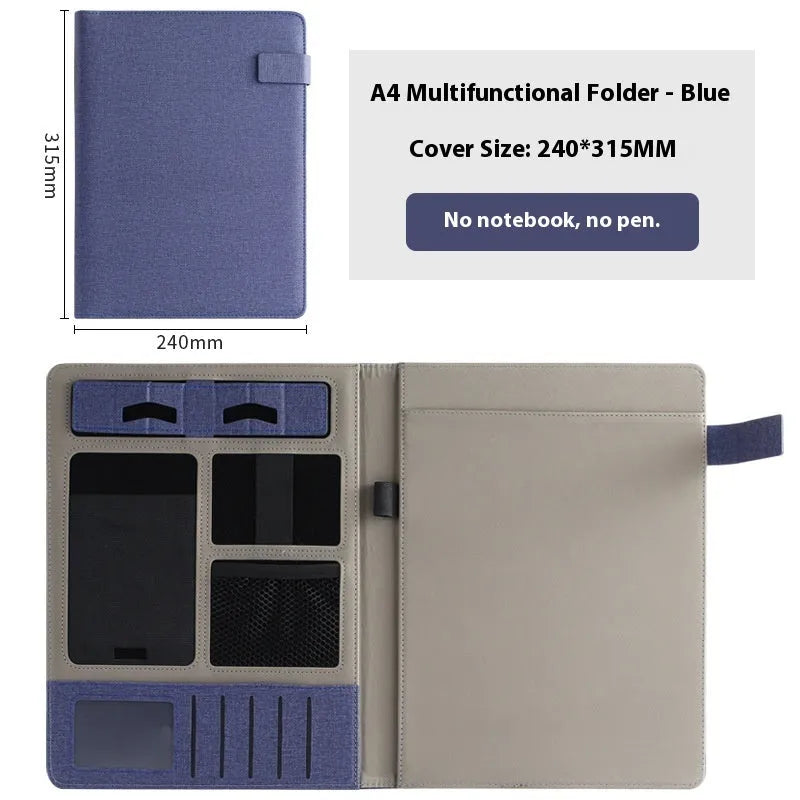 Black leather A4 business folder open to show document sleeve, pen loop, and notepad holder.