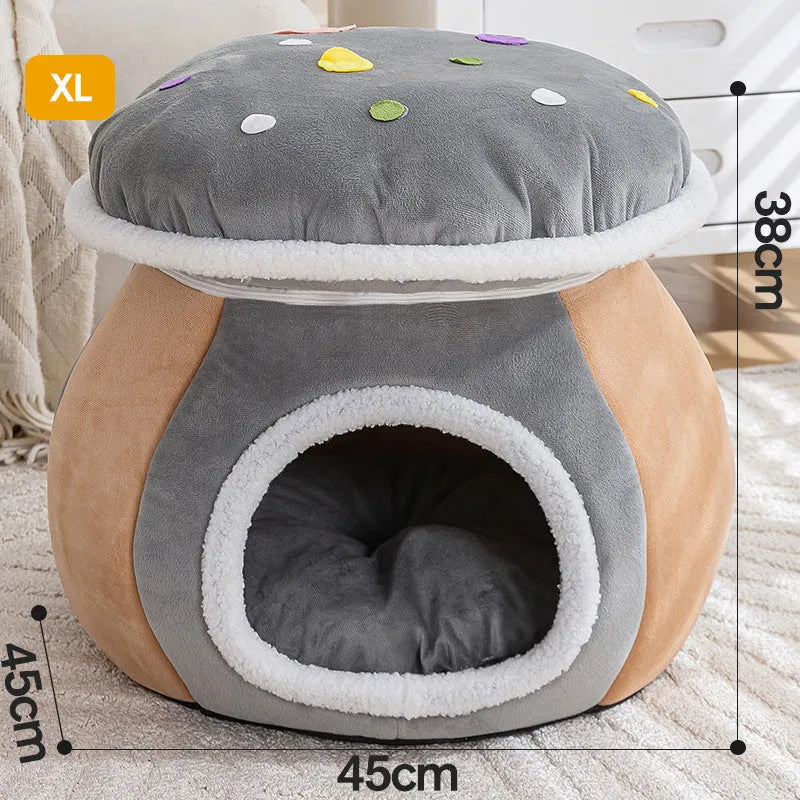 Grey mushroom-shaped plush cat bed with a detachable design and included blanket.