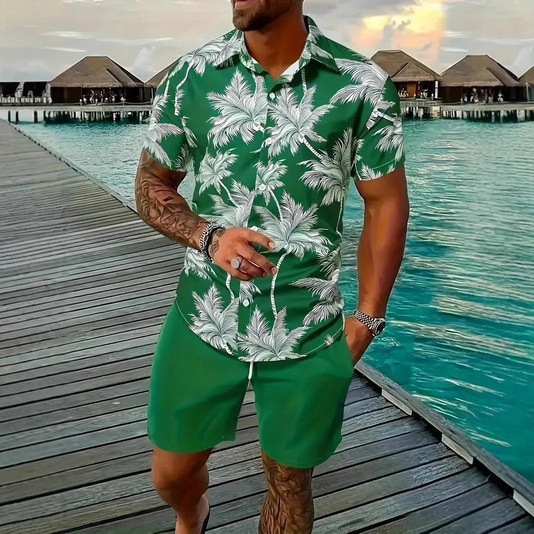 Men's Hawaii 3D printed short sleeve top and shorts leisure suit set on a hanger.