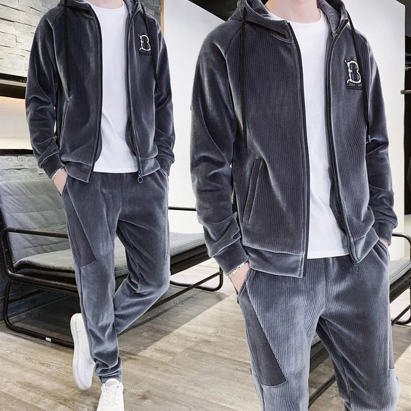Gold velvet men casual tracksuit set with seven minute sleeves top and long trousers in black