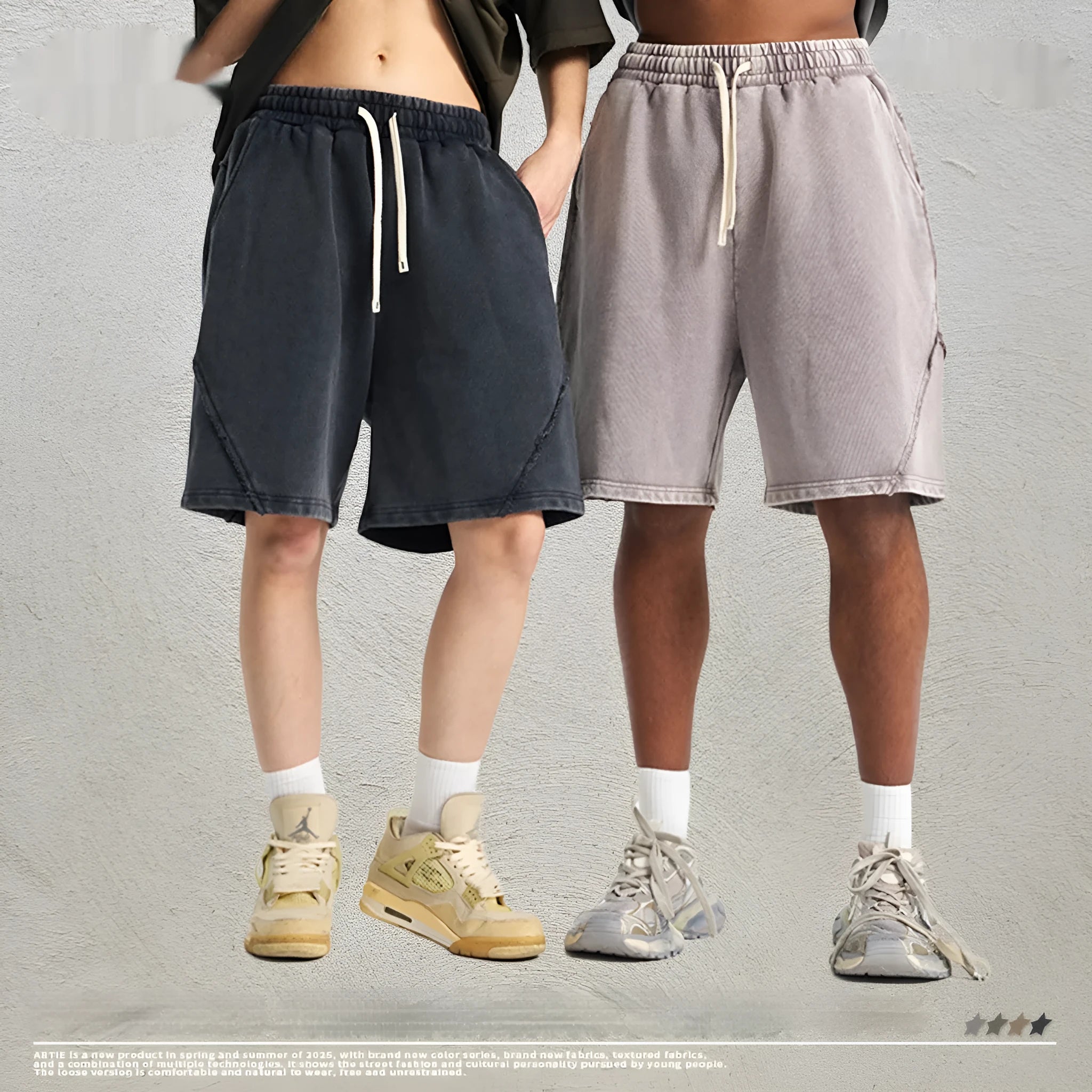 Men's loose-fit pure cotton terry shorts in a batik grey colour, showing street fashion style.