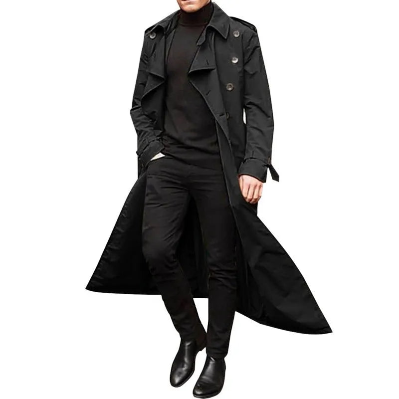 Men's long trench coat with epaulettes in khaki colour, polyester blend fabric, full-length front view