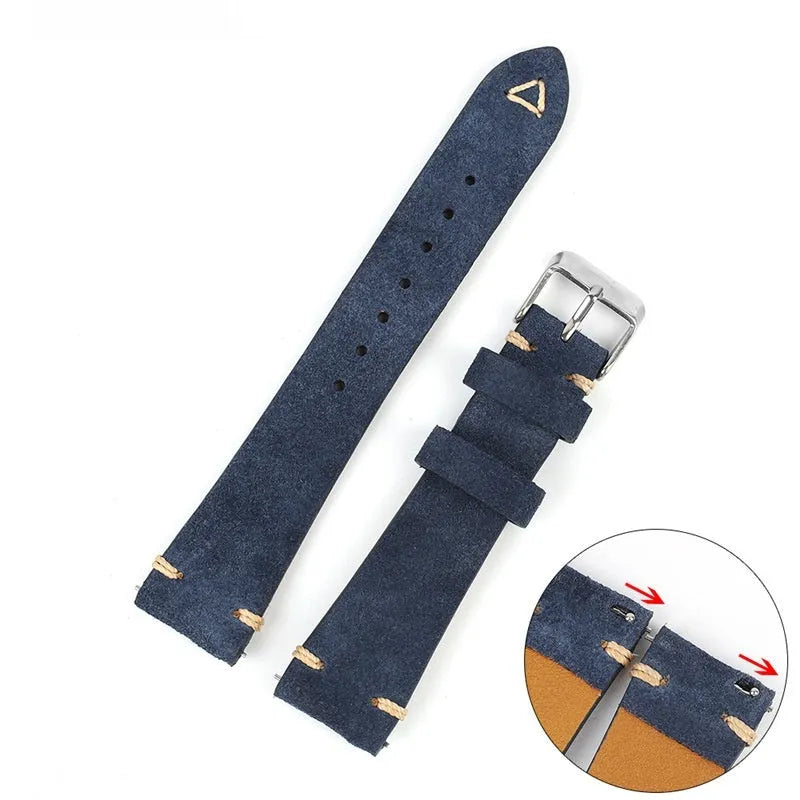 Brown suede genuine leather watch strap with exotic ethnic style design on a 20mm watch lug.