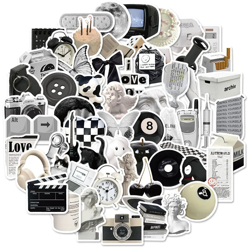 Set of 61 black and white simple style PVC waterproof vinyl stickers for laptops, cups, phones and guitars.