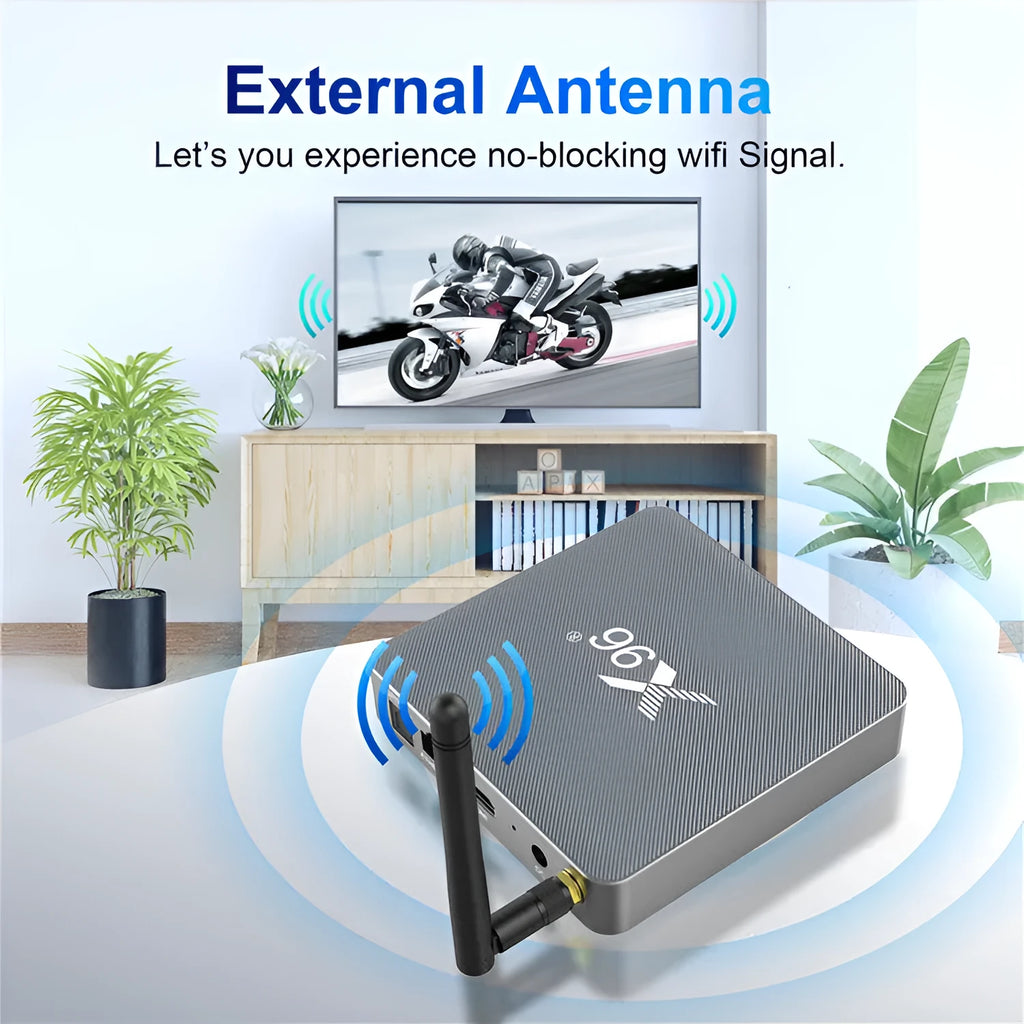 Android smart TV box set-top unit with remote control on a wooden table