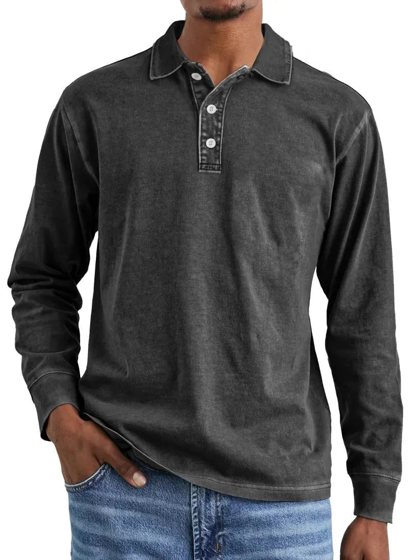 Retro washed distressed cotton lapel long sleeve polo shirt in pure cotton fabric
