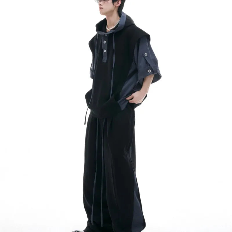 Men's black and grey polyester hooded sports suit with three-dimensional stitching on jacket