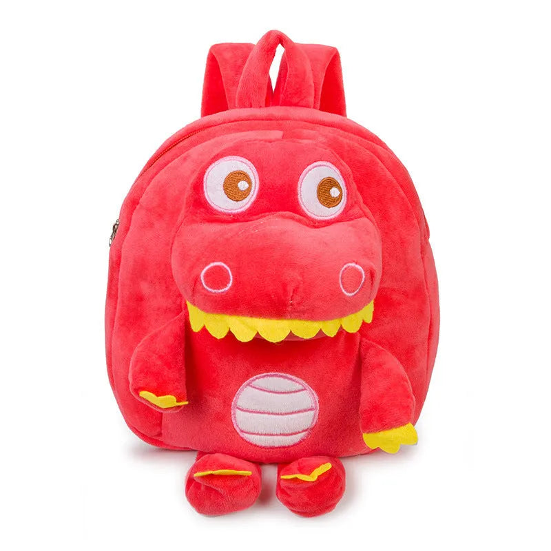 Blue soft plush dinosaur backpack for children with embroidered details and a soft carry handle.