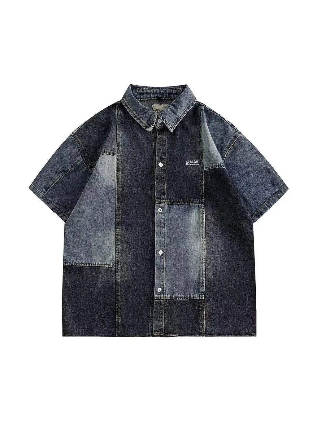 Blue men's denim shirt with washed stitching details and loose cardigan fit