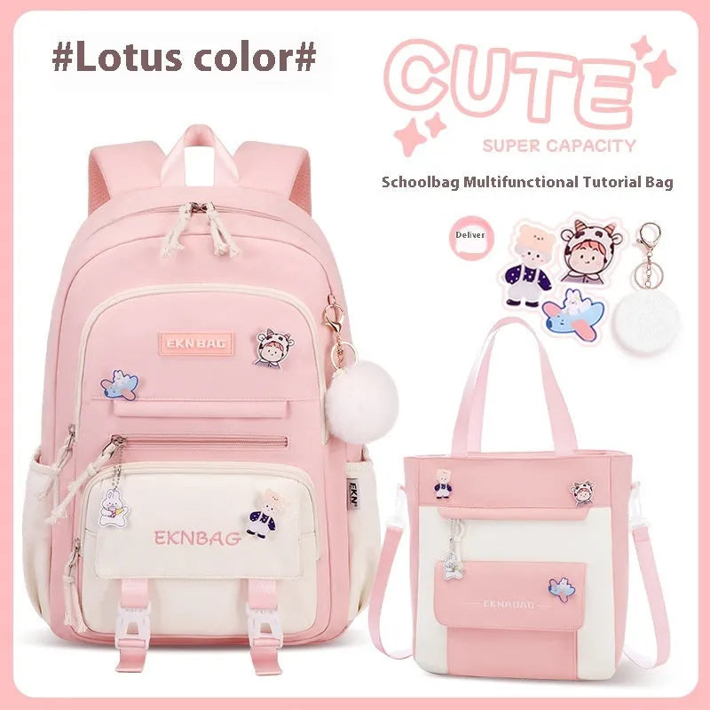 Girls waterproof Oxford cloth school backpack with curved straps and spine protection in solid colours for grade 5-6 students