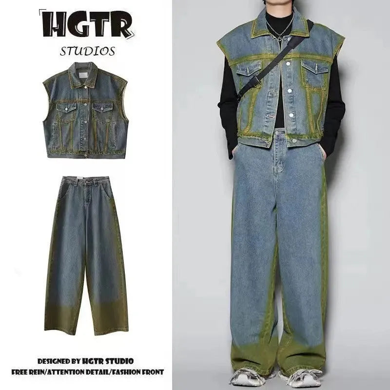Distressed blue vest and jeans two-piece suit set with spray colour gradient effect