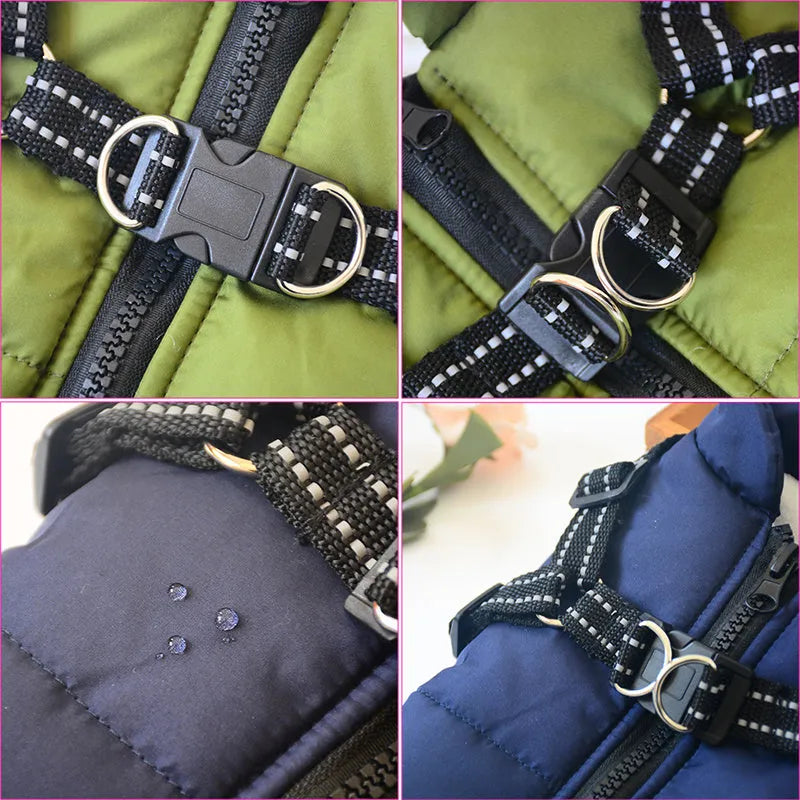 Waterproof dog coat with integrated harness in rain silk fabric, available in multiple sizes and colours