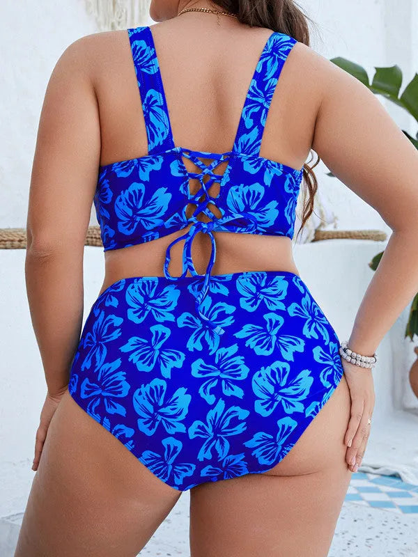 Blue floral print women's split bikini swimsuit set with matching top and bottom