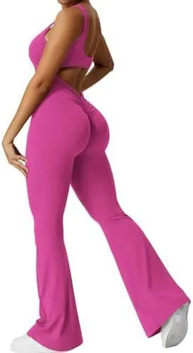 Women's sleeveless flare jumpsuit long pants in Army Green colour for yoga fitness.