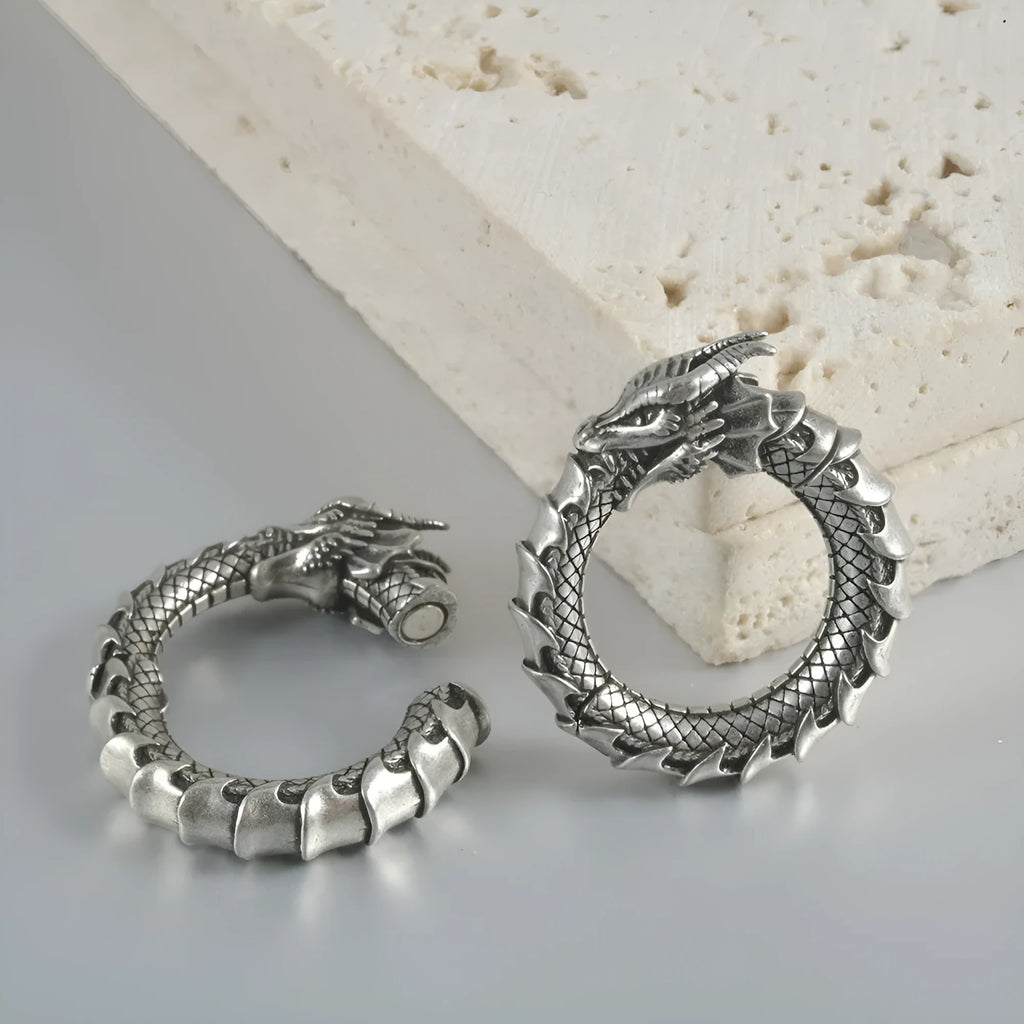 Stainless steel alloy earrings with antique silver dragon hollow-out geometry design