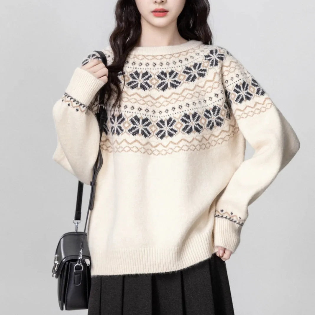 Women's milky white fair isle patterned pullover sweater with geometric design and regular sleeves