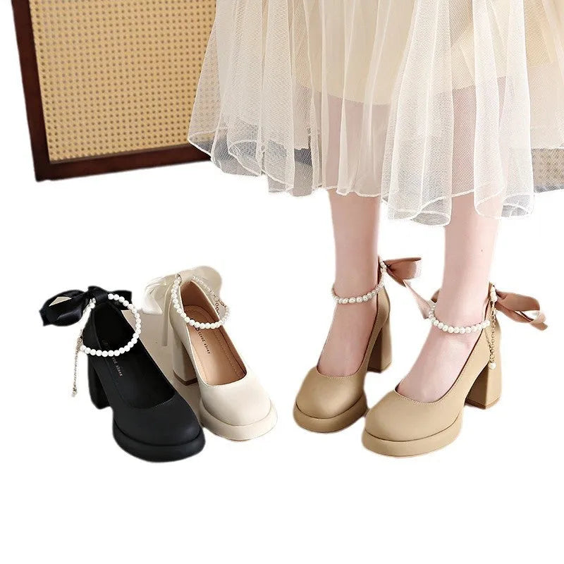 Women's Mary Jane shoes with ankle-strap buckle and chunky heel in beige, black, or milk tea colour