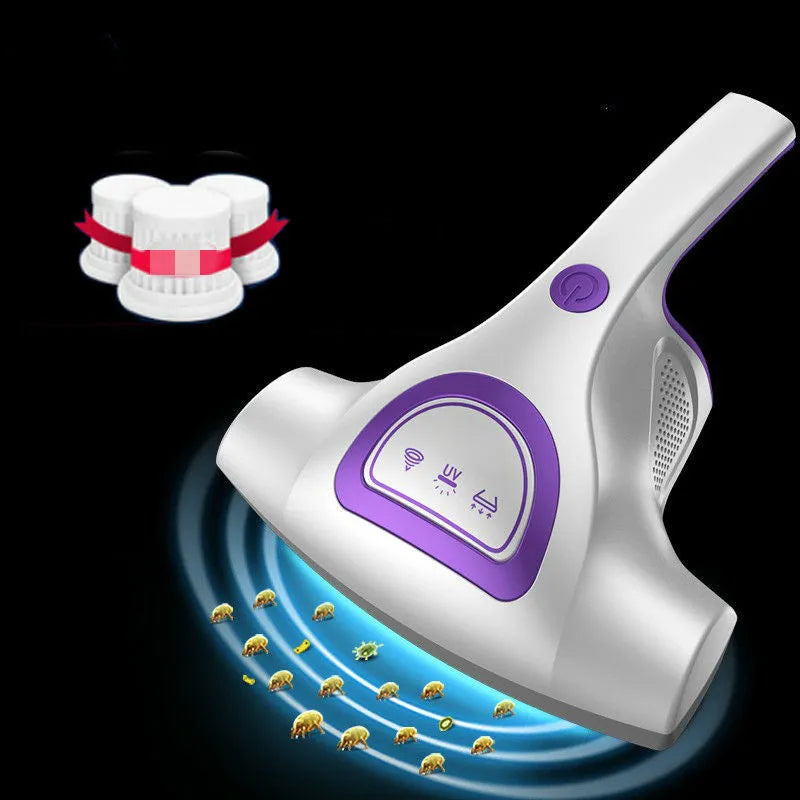 Pink handheld vacuum mite cleaner with UV-C light on cleaning head.