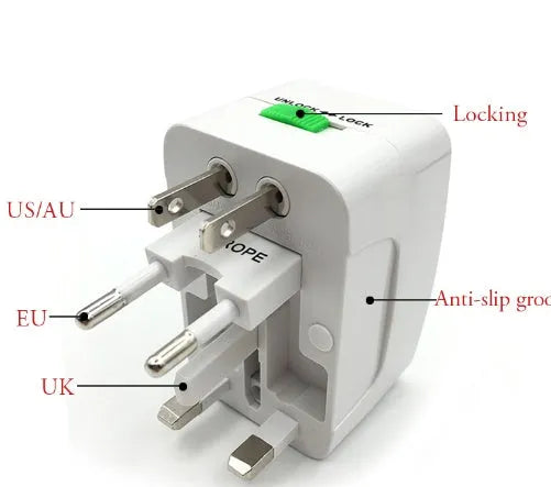 Universal travel plug converter unit showing 73x50x39mm compact dimensions and international plug compatibility