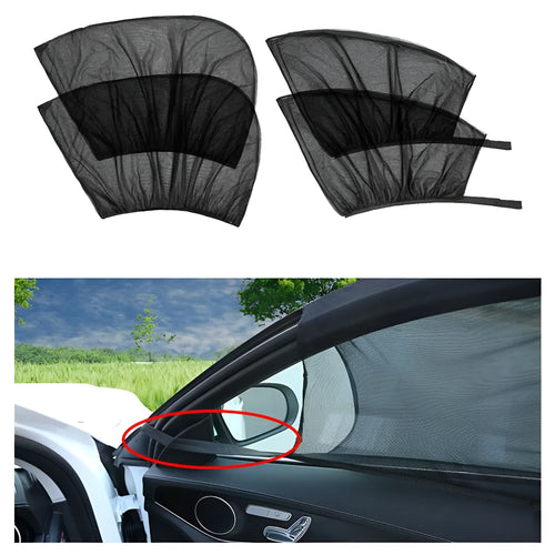 Car side window sunshade mesh cover installed on vehicle door with elastic strip fixation