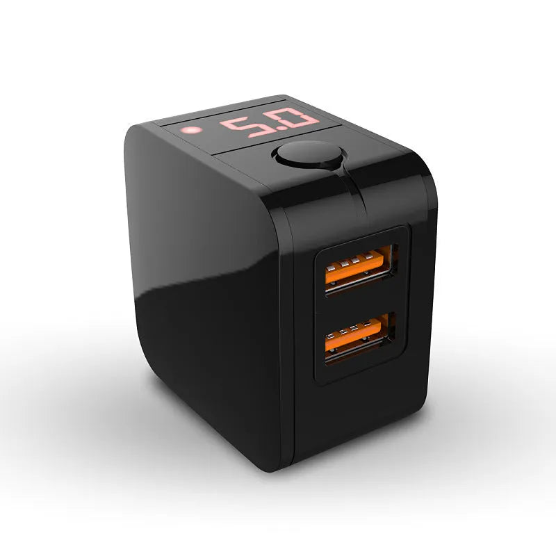 Black and white dual USB travel charger with digital display showing EU and US plug options.