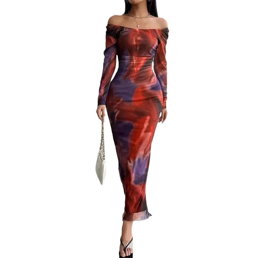 Printed pleated mesh fishtail dress with square collar and thigh split in gradient colours