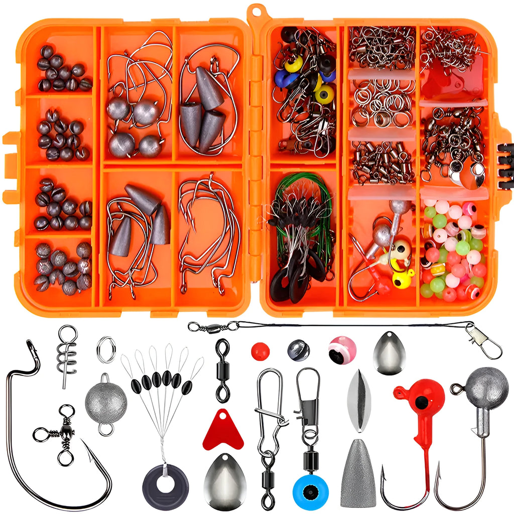 Orange ABS plastic box open to show compartments filled with fishing hooks and lure accessories.