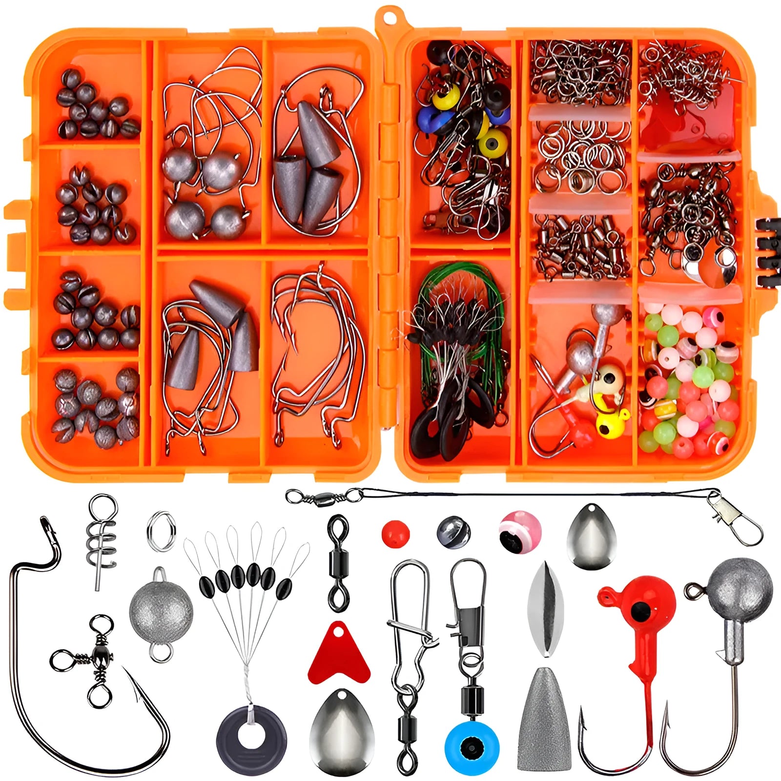 Orange ABS plastic box open to show compartments filled with fishing hooks and lure accessories.