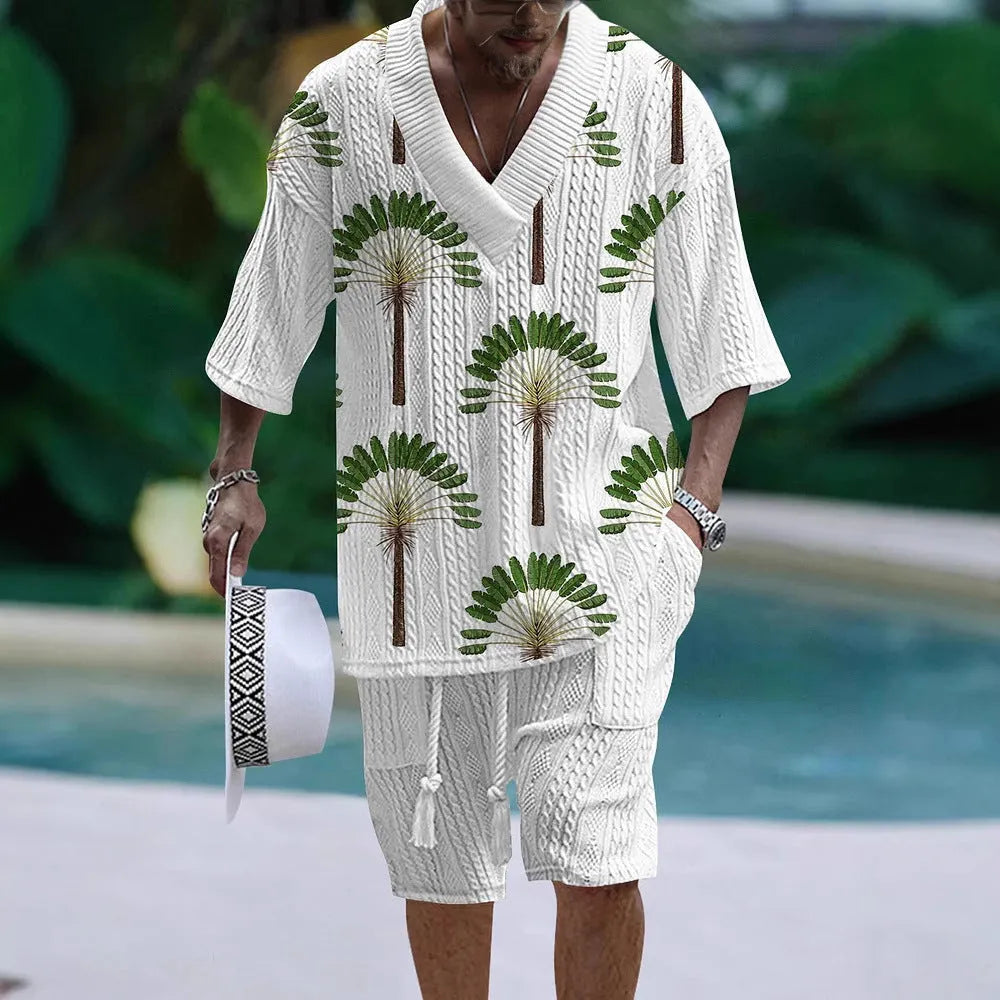 Men's loose-fit casual short sleeve suit and shorts set in a solid colour.