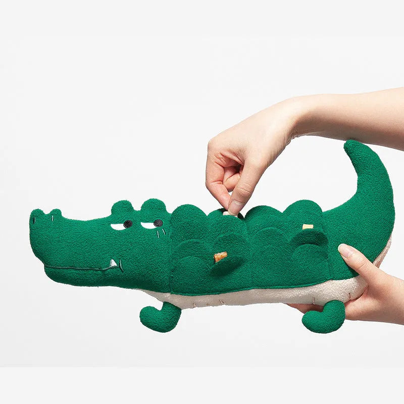 Green plush toy dog with soft fabric and beanbag weight for stability