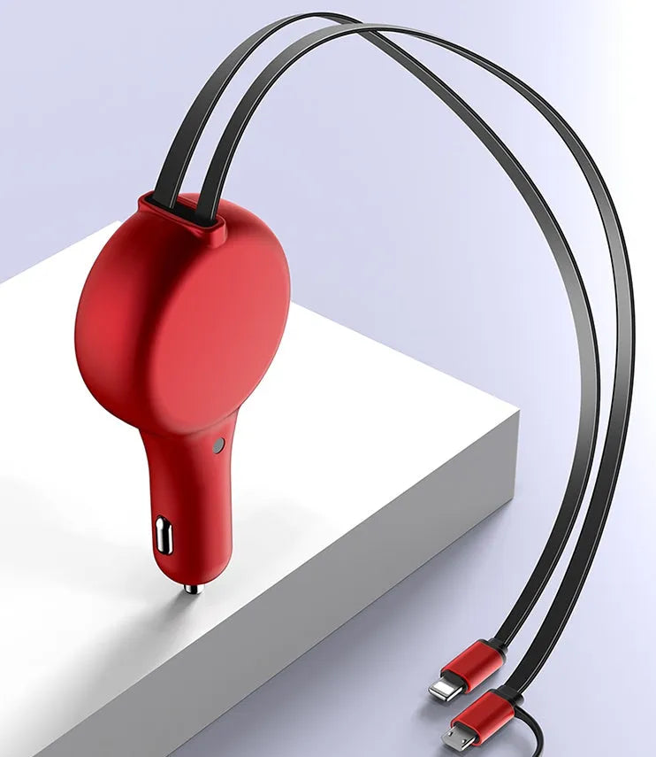 Black retractable car charger with extended Type-C and Lightning cables plugged into vehicle socket