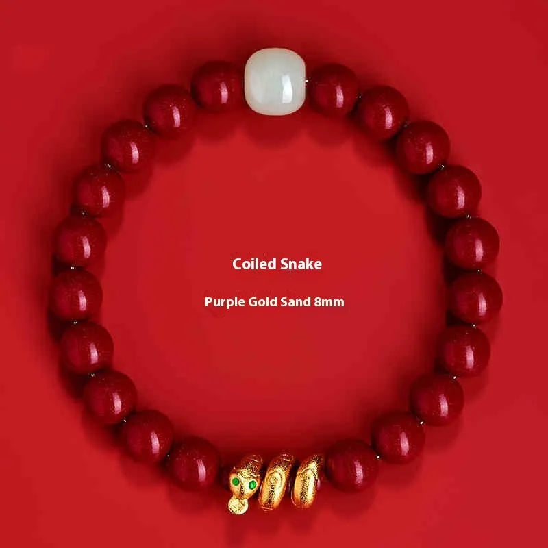 Handmade cinnabar snake zodiac bracelet with Chinese style beads in 6mm or 8mm sizes