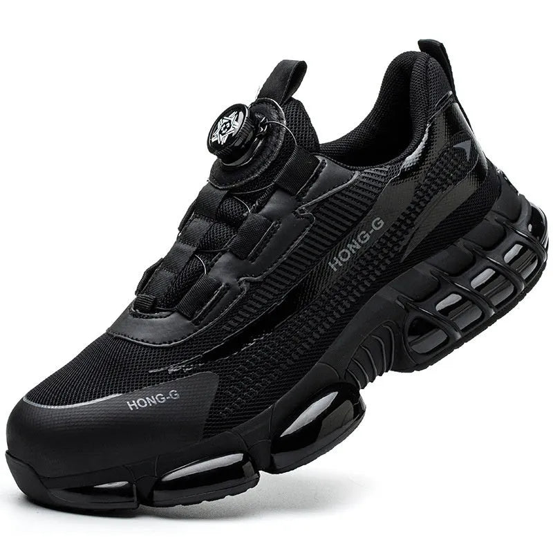 Men's black lightweight work safety shoes with steel toe cap and lace-up front.