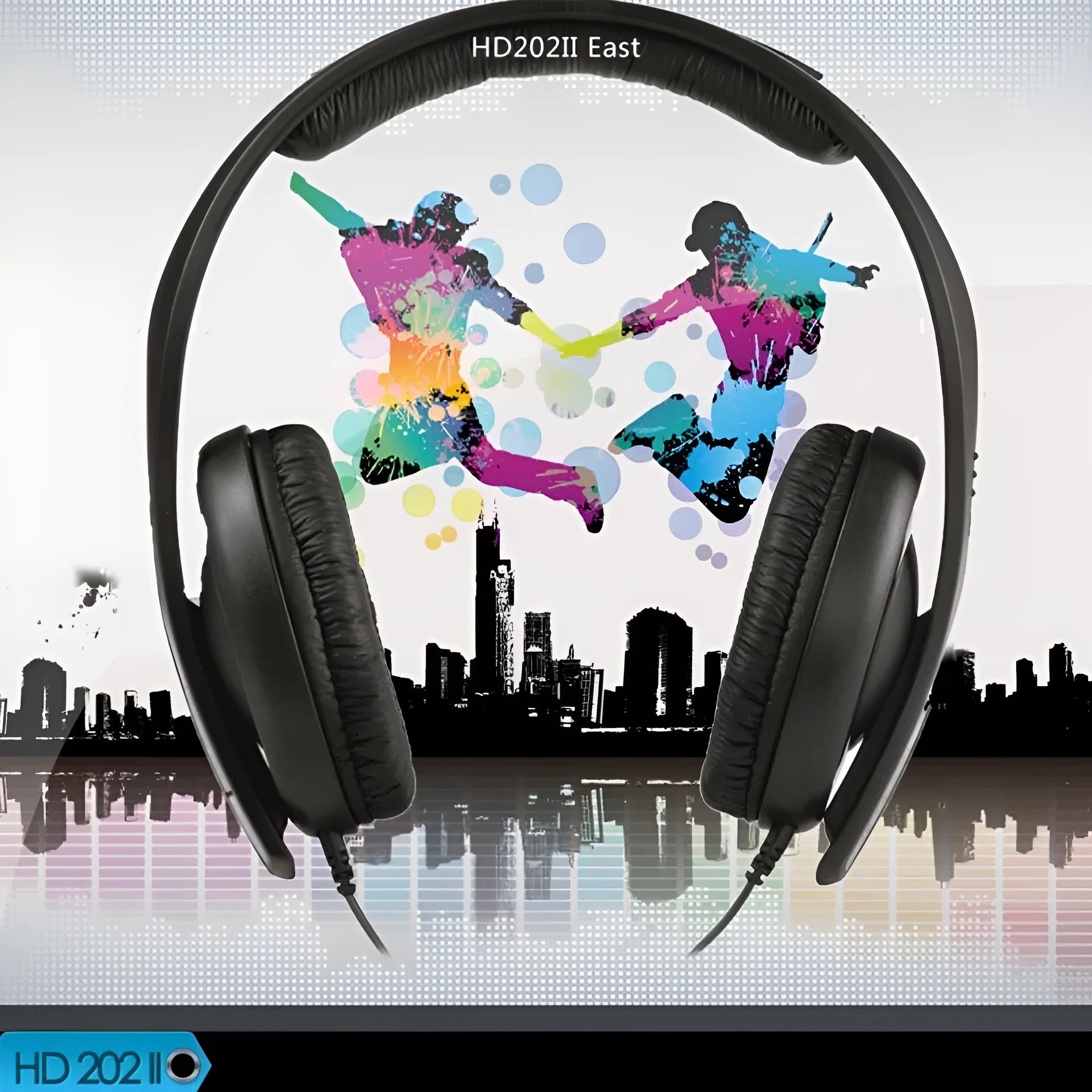 Black head-mounted monitor headphones with over-ear cups, a built-in microphone, and a long cable with a 3.5mm plug.