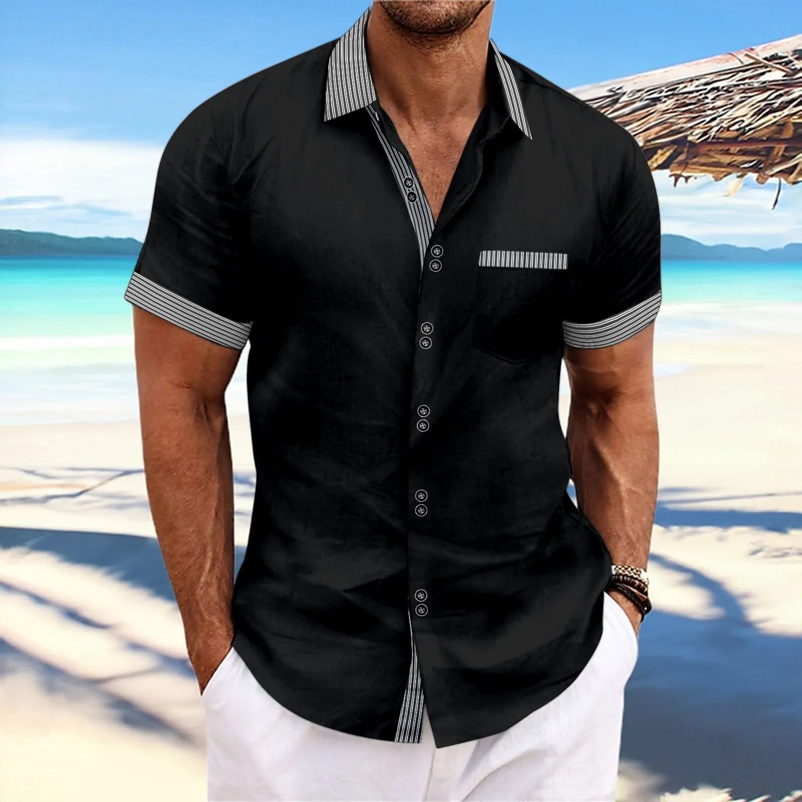 Pure cotton striped casual shirt in slim fit with short sleeves and a double-button front.