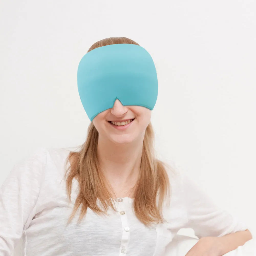 Black reusable gel ice mask for eyes and forehead on a white background